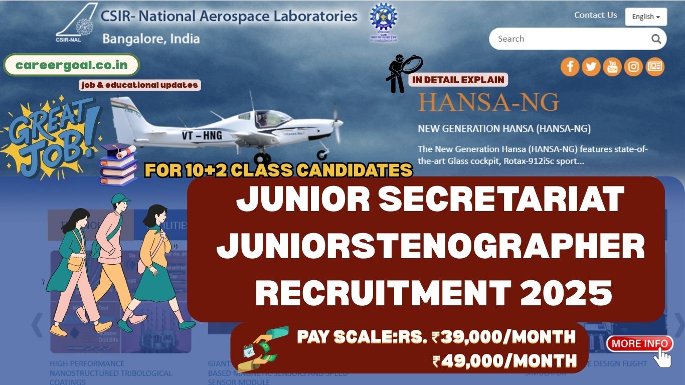 Apply for Junior Secretariat Assistant and Junior Stenographer posts at CSIR-NAL JSA JST Recruitment 2025. Check eligibility, and how to apply.